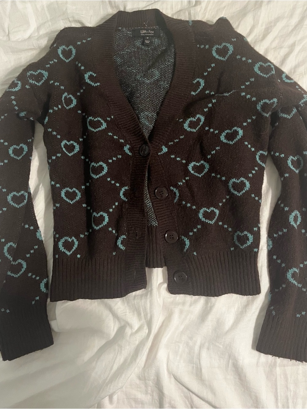 Cute Cozy Heart-Print Brown Cardigan Sweater
